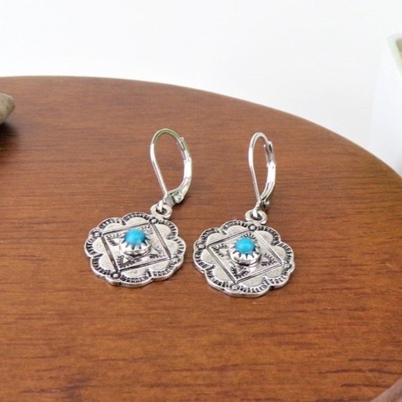NEW Silver Tone Concho Charm turquoise lever back dangle earrings - Picture 1 of 3